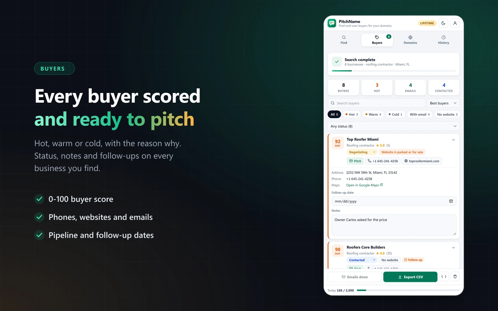 PitchName buyer list with scores, statuses and contact details